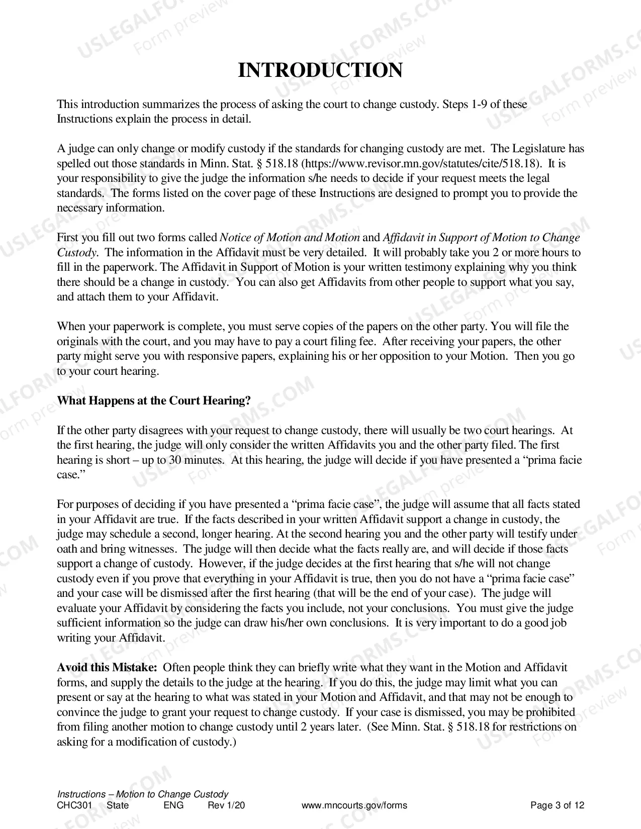 Preview Instructions for Change of Custody