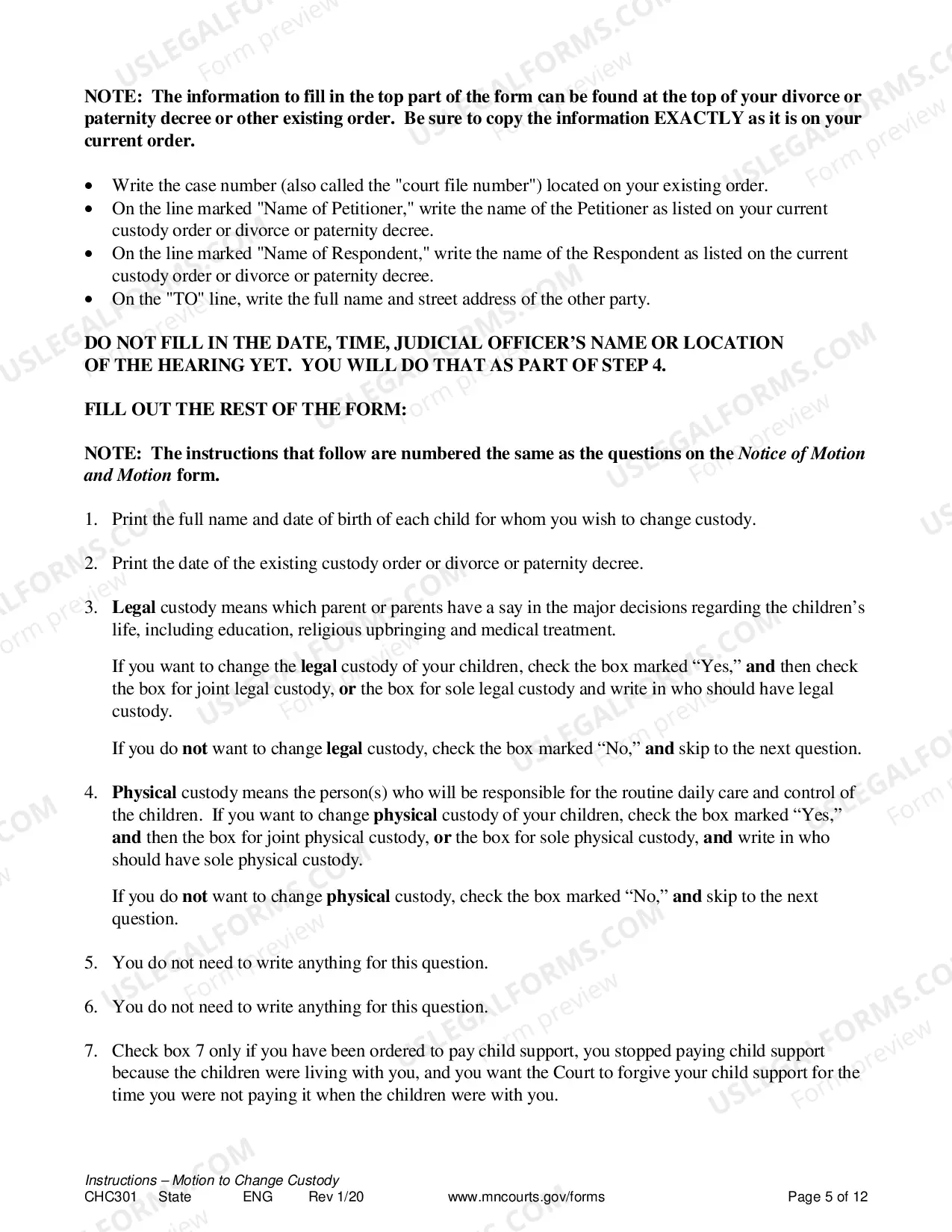 Preview Instructions for Change of Custody