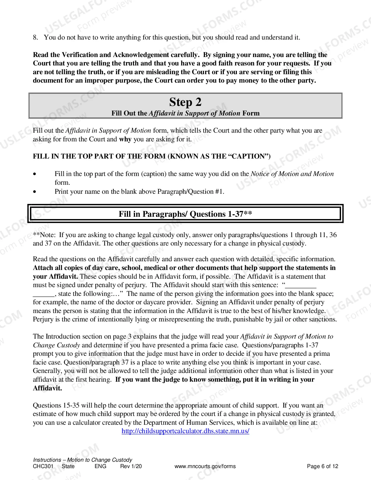 Preview Instructions for Change of Custody