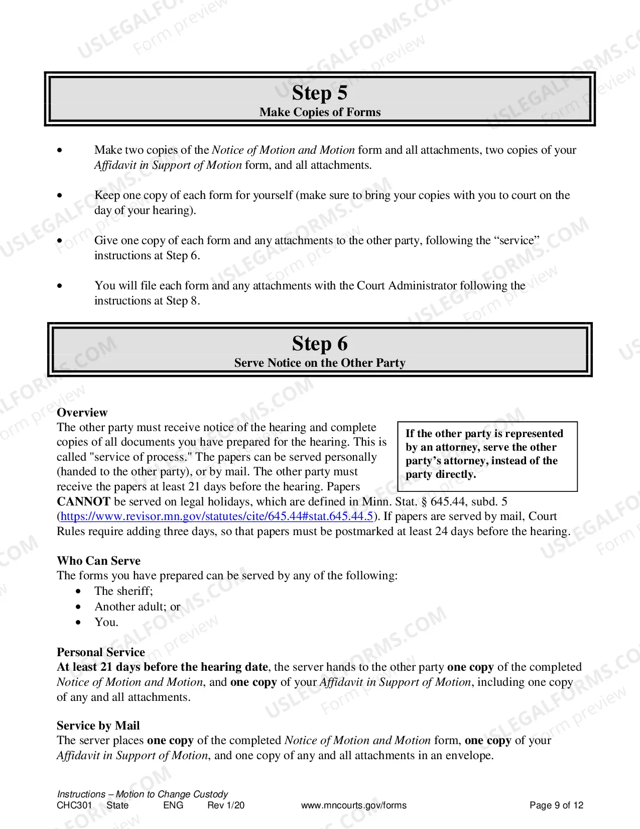 Preview Instructions for Change of Custody