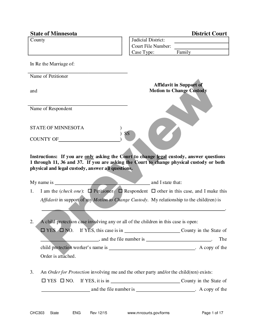 Minnesota Affidavit in Support of Motion to Change Custody Child