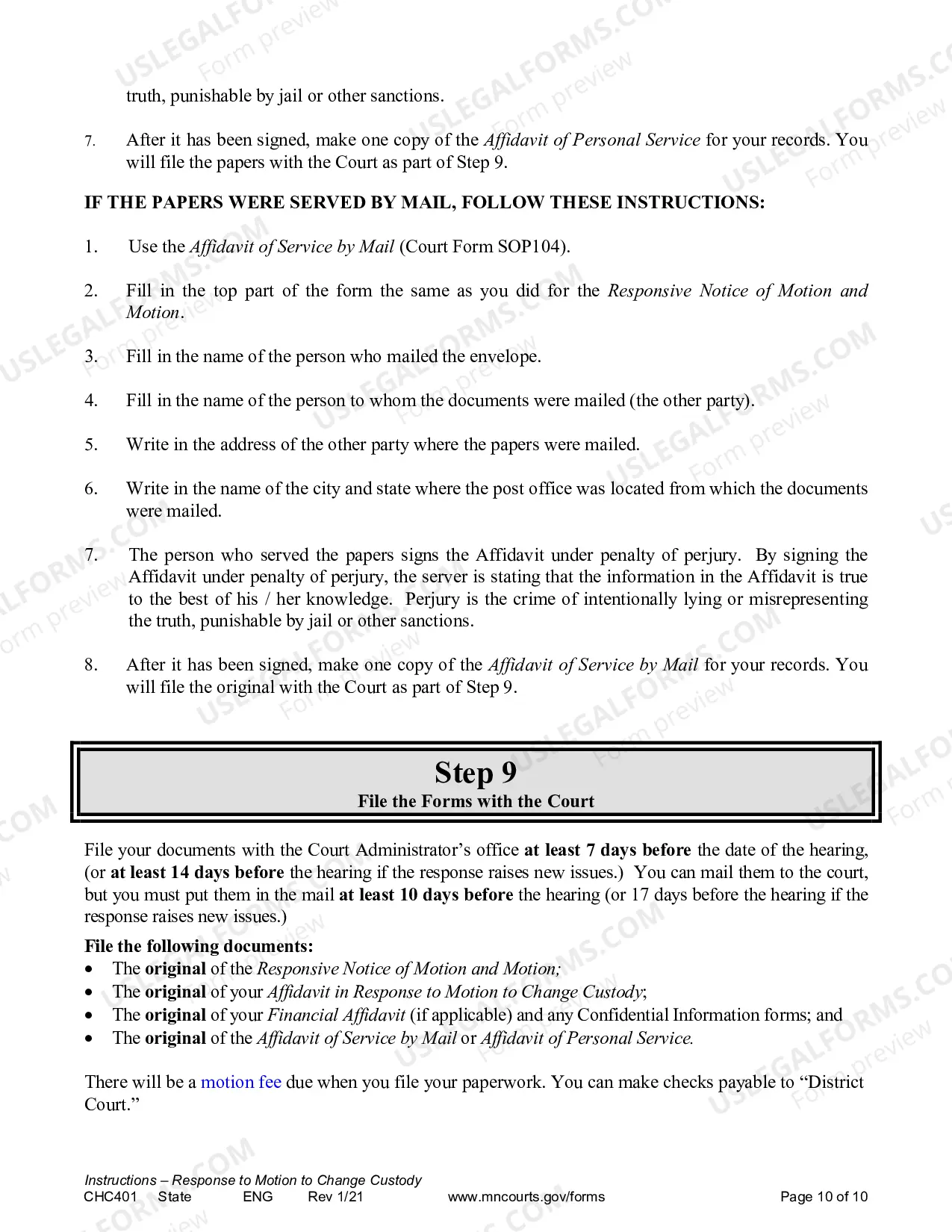 Preview Instructions for Response to a Request for Change of Custody