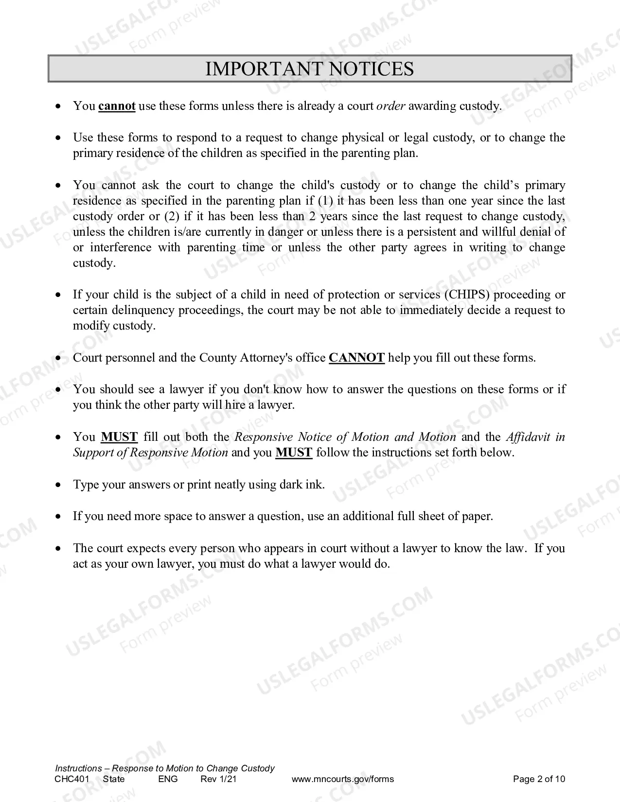Preview Instructions for Response to a Request for Change of Custody