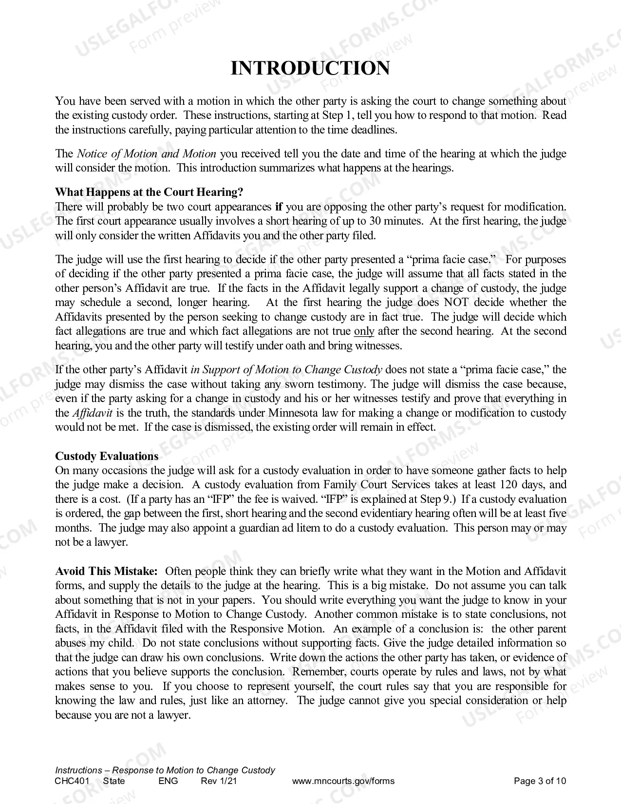 Preview Instructions for Response to a Request for Change of Custody