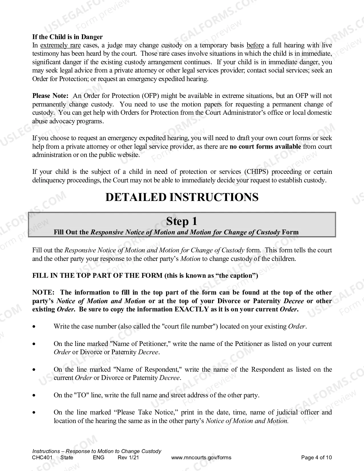 Preview Instructions for Response to a Request for Change of Custody