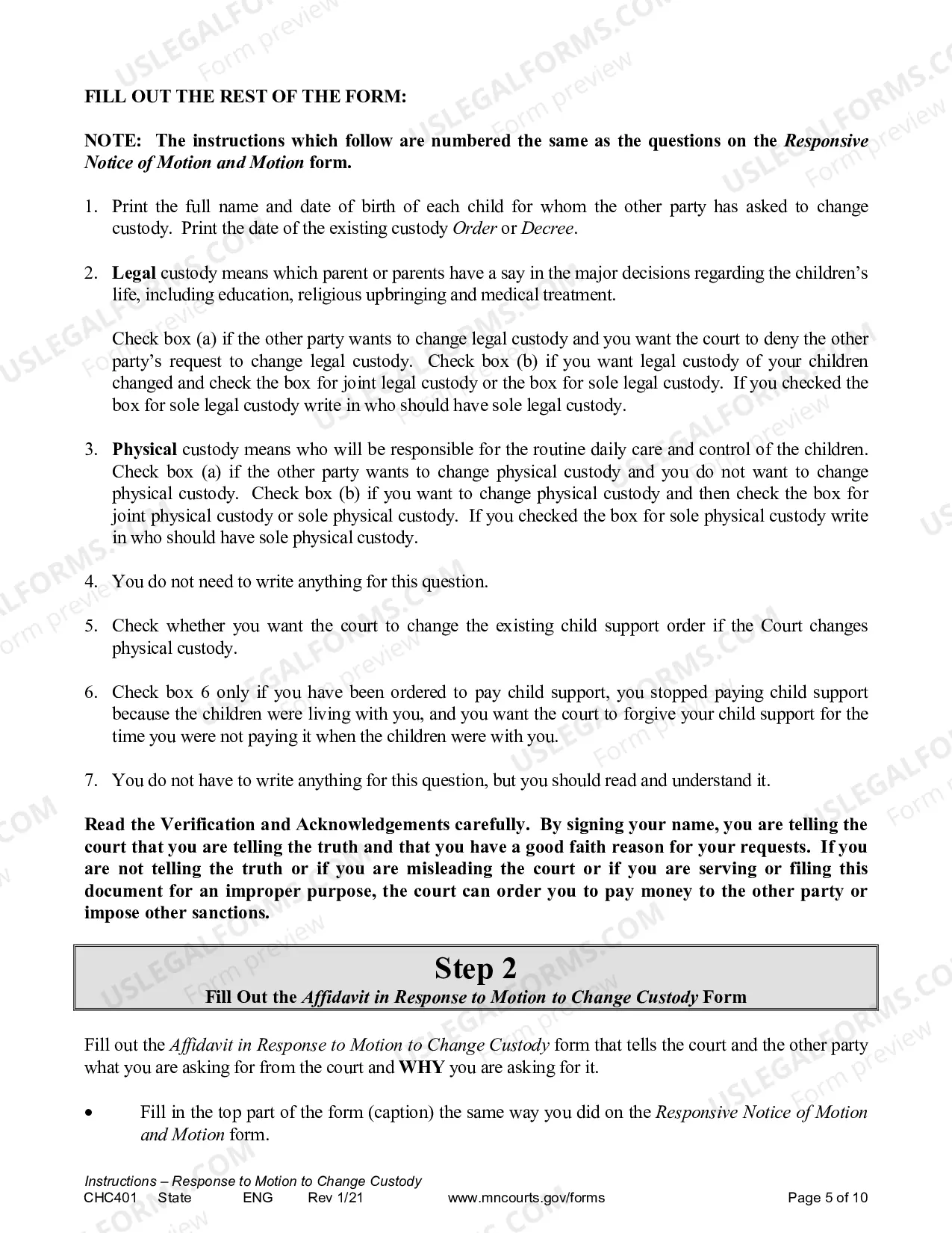 Preview Instructions for Response to a Request for Change of Custody