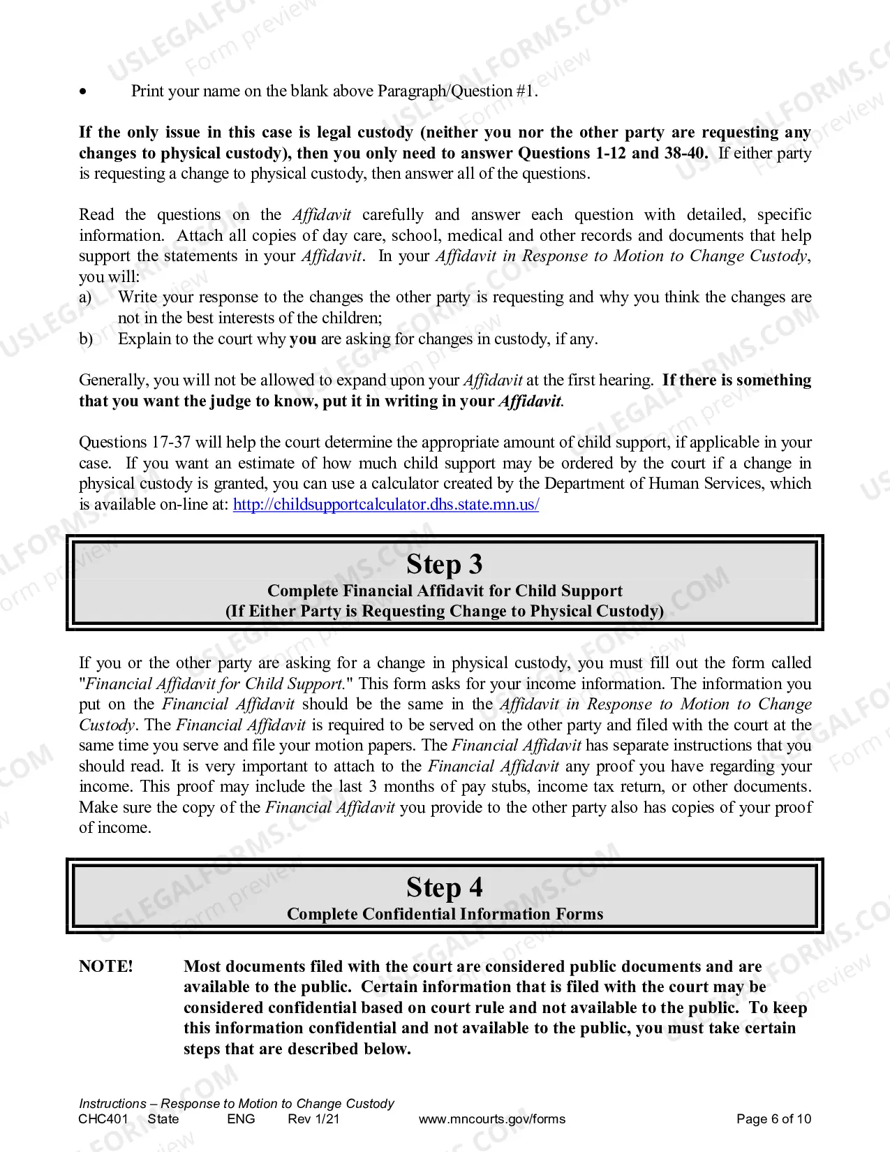 Preview Instructions for Response to a Request for Change of Custody