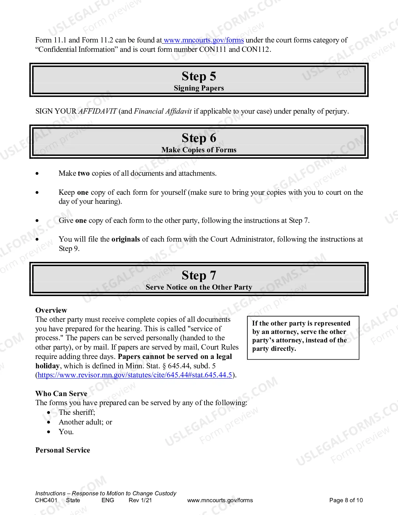 Preview Instructions for Response to a Request for Change of Custody