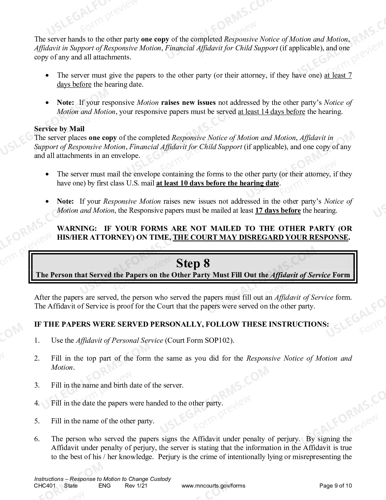 Preview Instructions for Response to a Request for Change of Custody