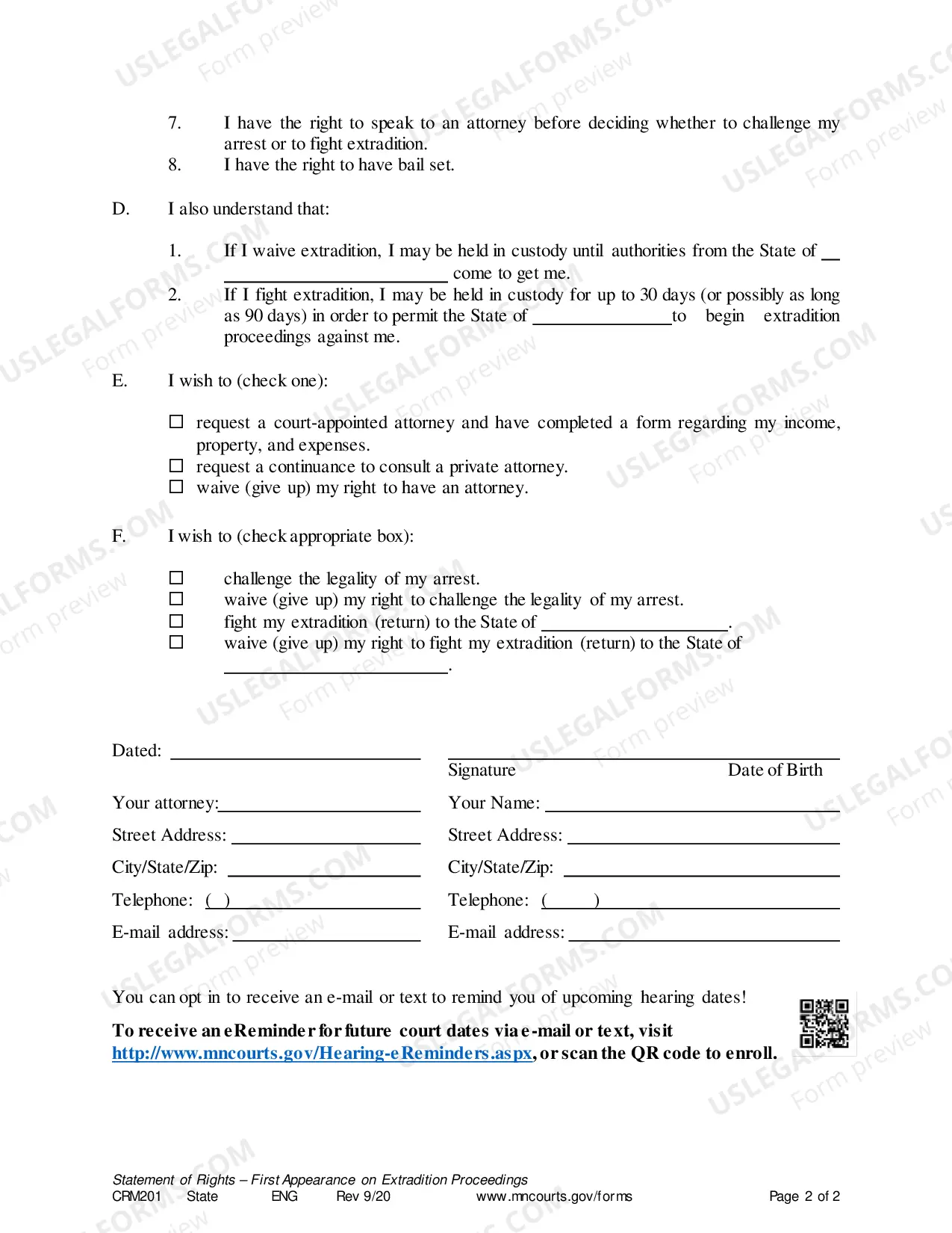 Preview Extradition Statement of Rights