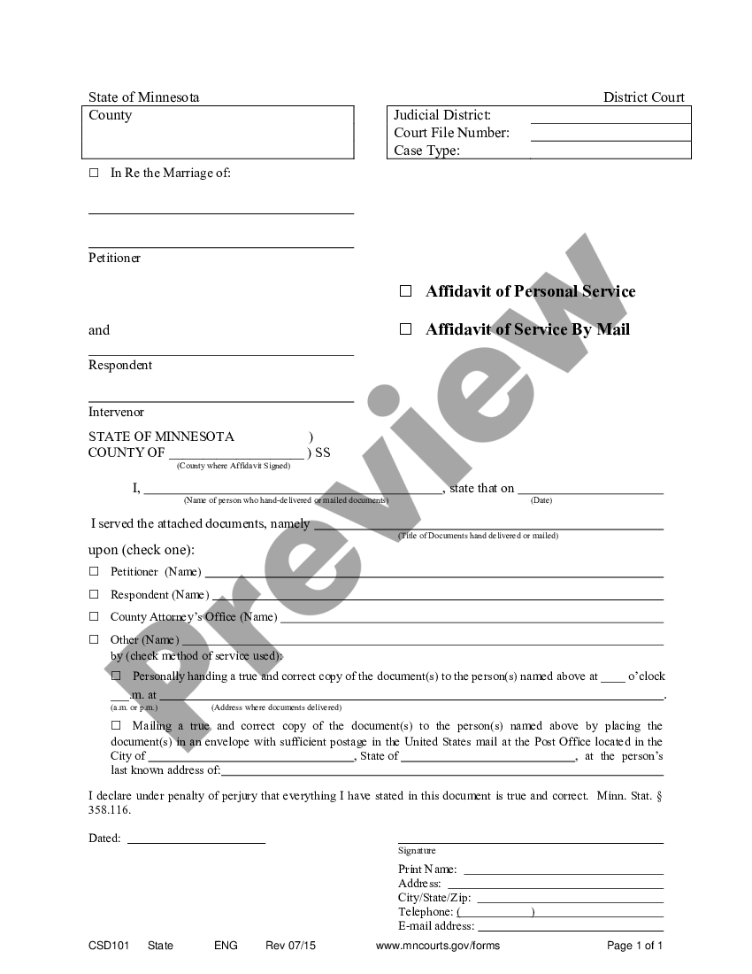 Minnesota Affidavit of Service - Personal and Mail - Family - Minnesota ...