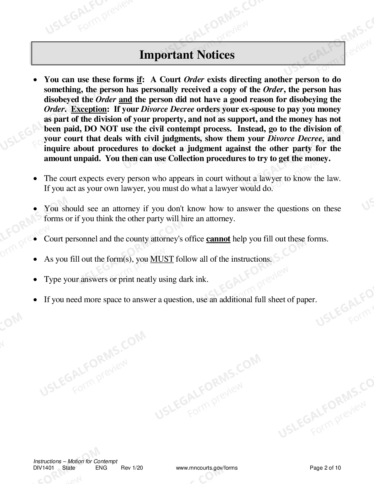 Preview Instructions for Contempt