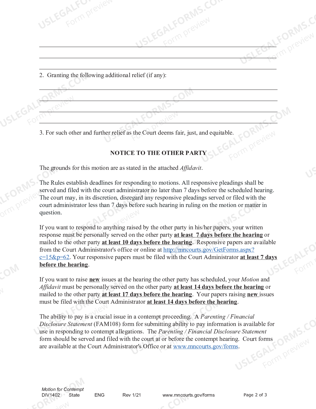 Minnesota Notice of Motion and Motion for Contempt US Legal Forms