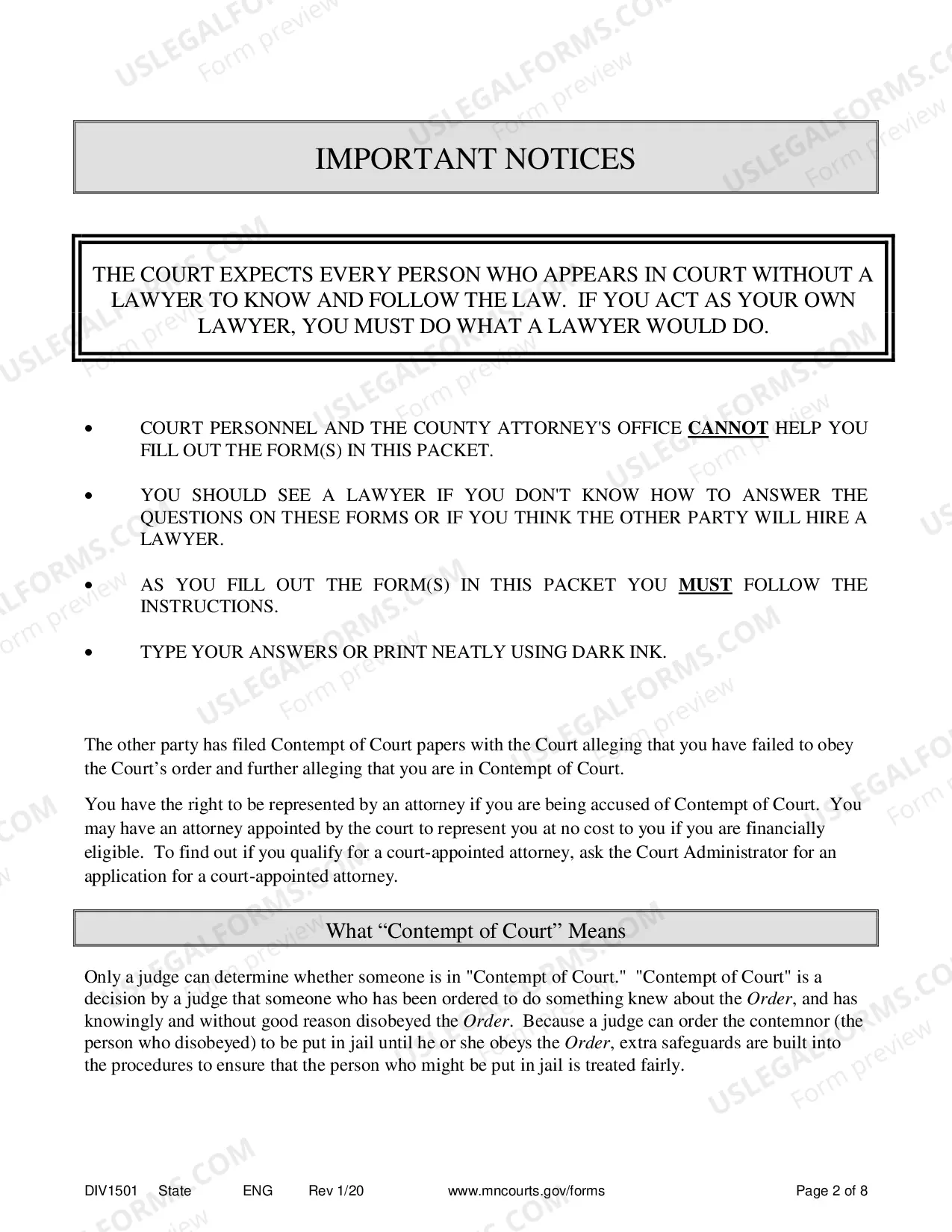 Preview Instructions for Response to Contempt