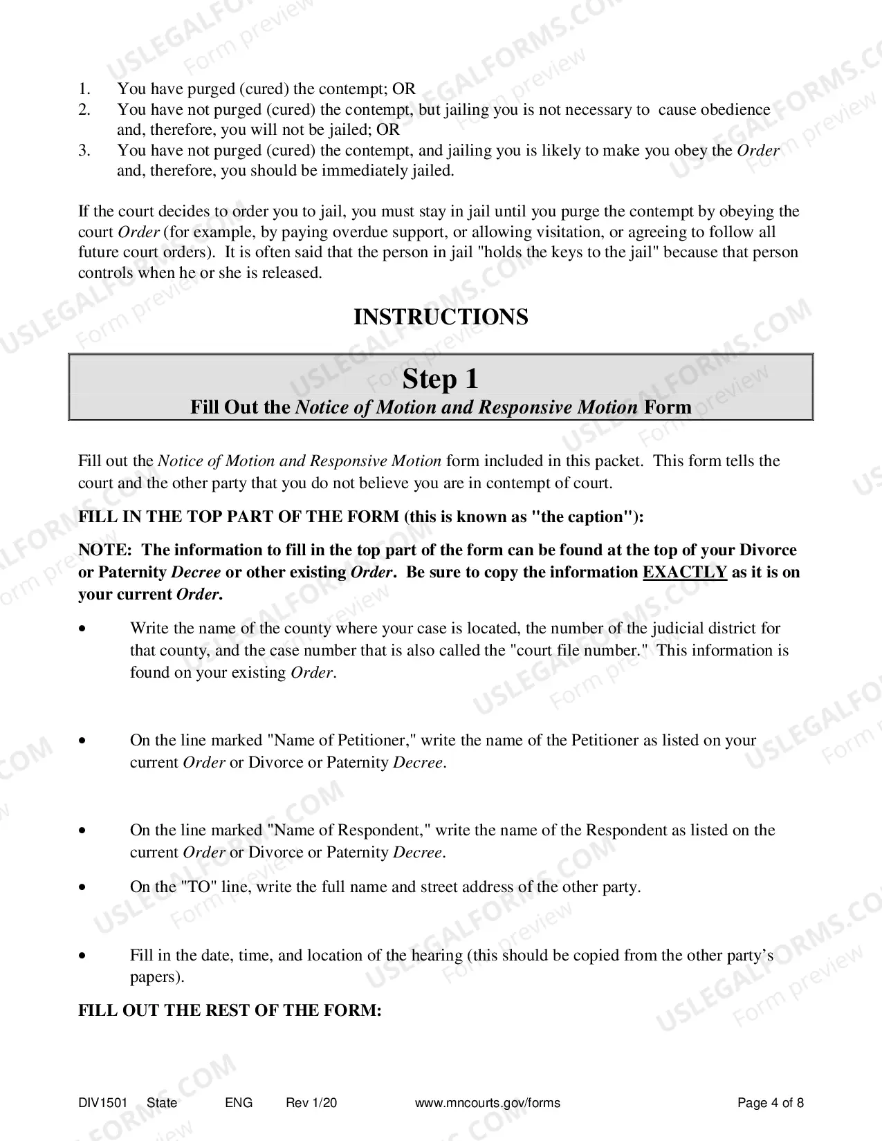Preview Instructions for Response to Contempt