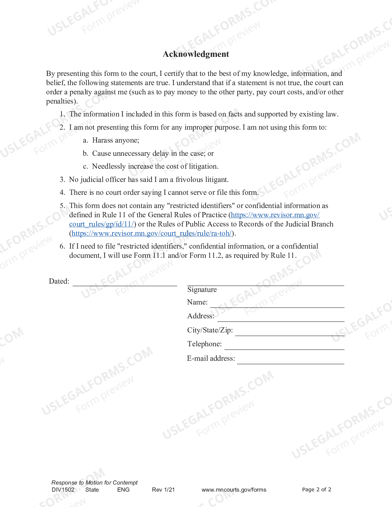 Saint Paul Minnesota Responsive Motion for Contempt of Court US Legal