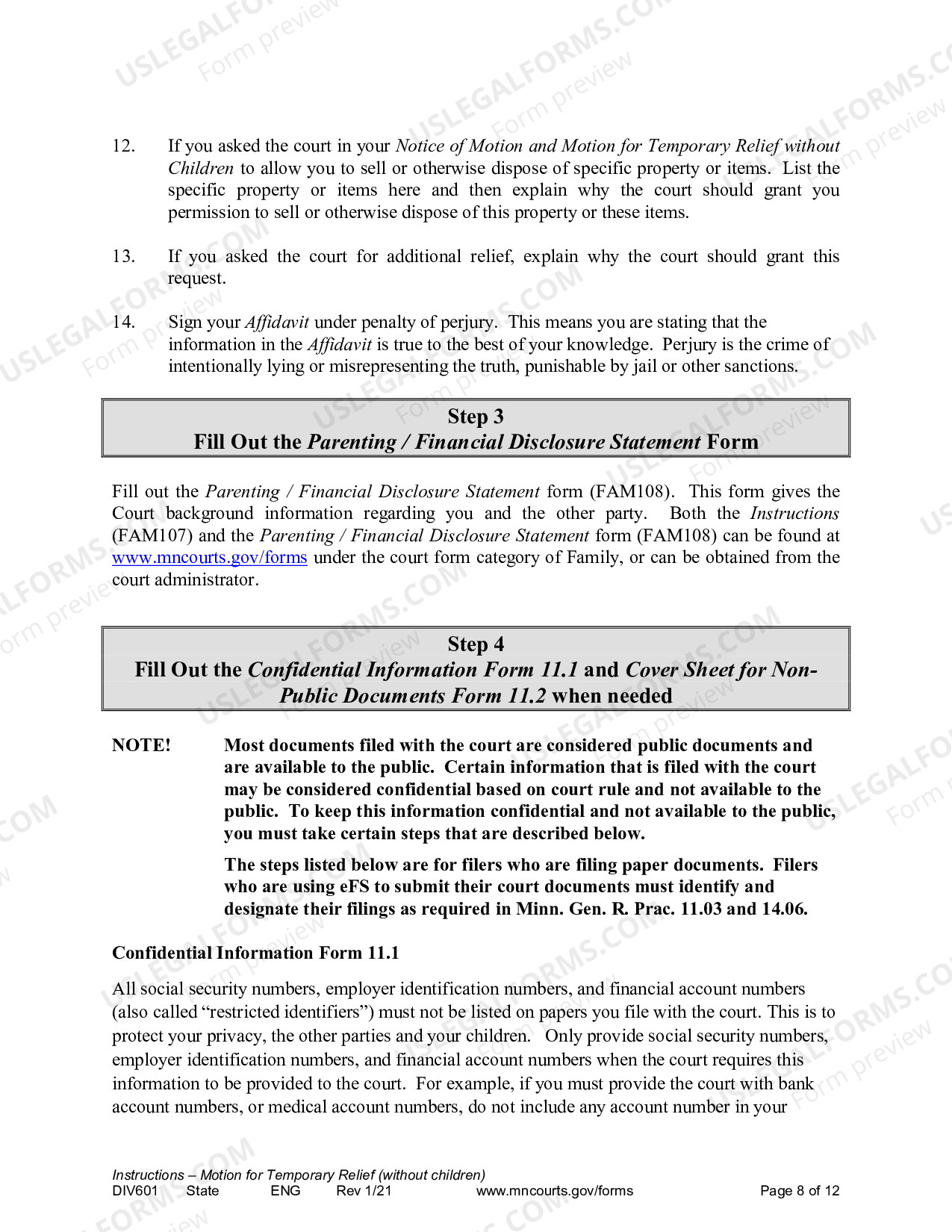 Minnesota Instructions for Temporary Relief without Children US Legal