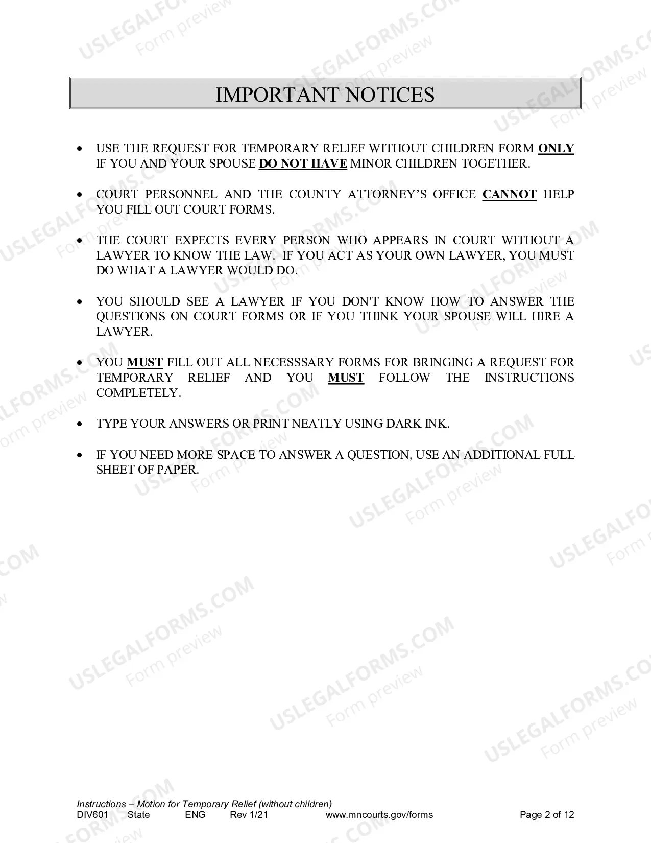 Preview Instructions for Temporary Relief without Children