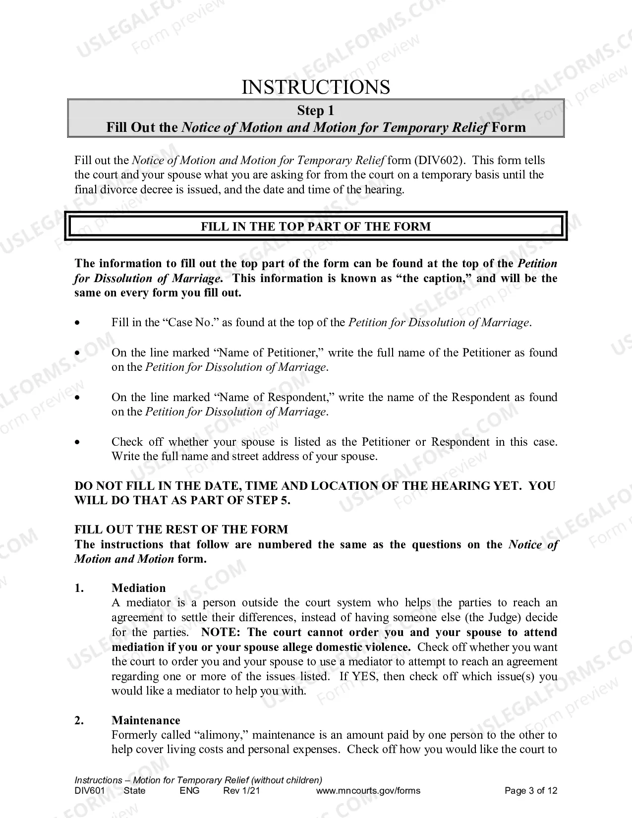 Preview Instructions for Temporary Relief without Children