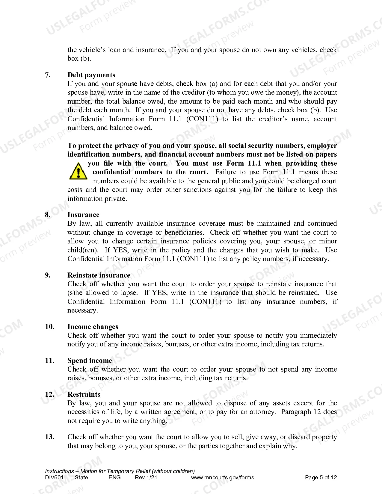Preview Instructions for Temporary Relief without Children