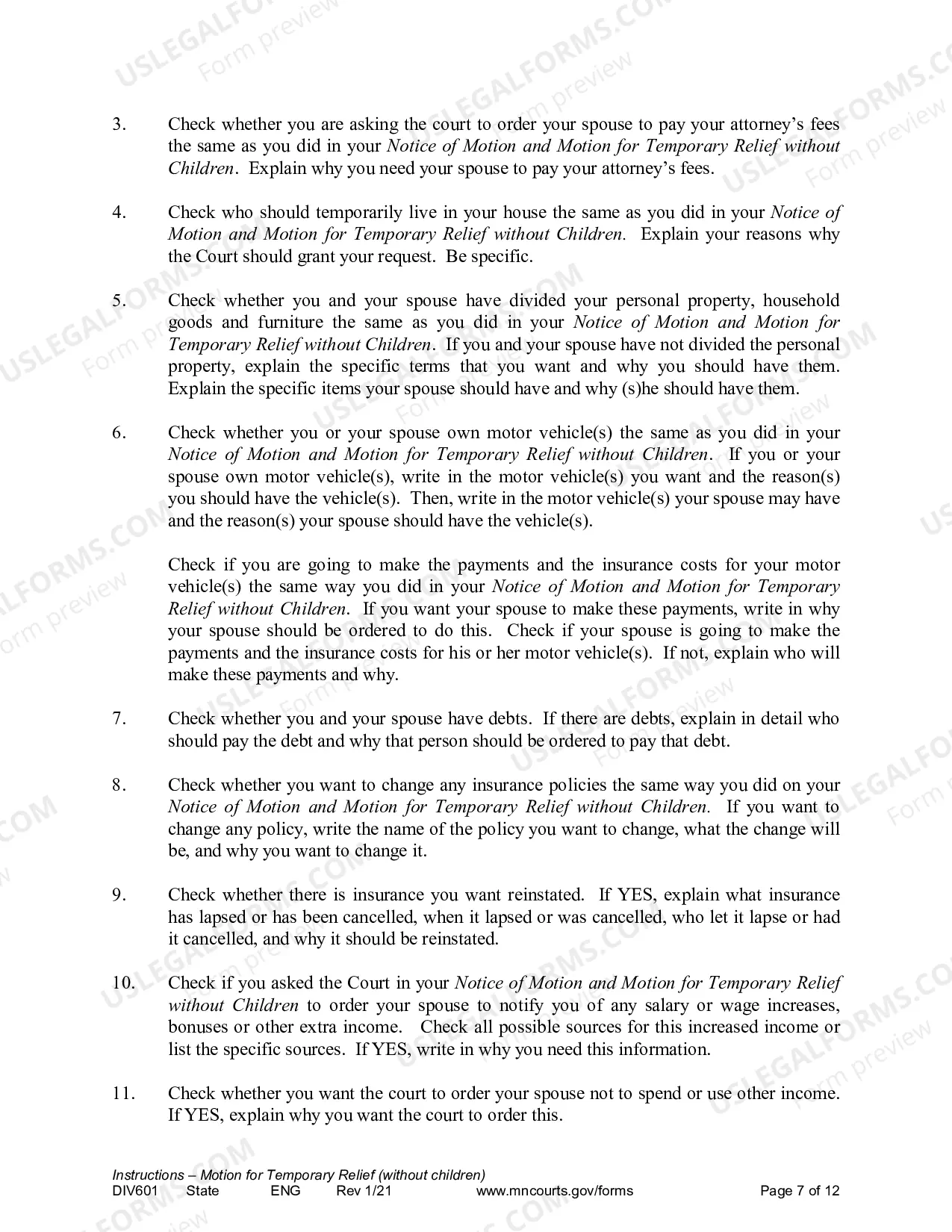 Preview Instructions for Temporary Relief without Children