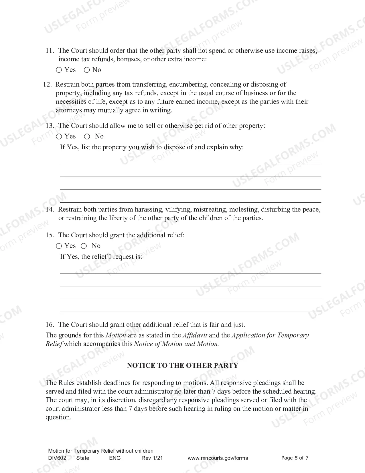 Preview Notice of Motion and Motion For Temporary Relief Without Children