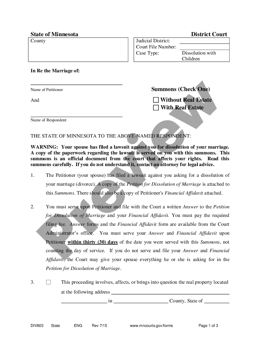 Combined Summons Example For Divorce | US Legal Forms