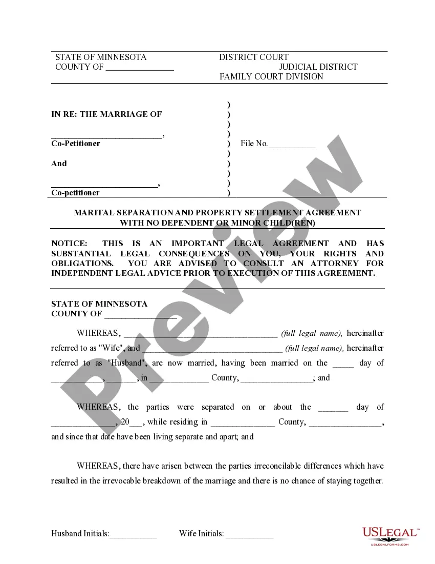 Preview Marital Domestic Separation and Property Settlement Agreement for persons with No Children, No Joint Property or Debts where Divorce Action Filed
