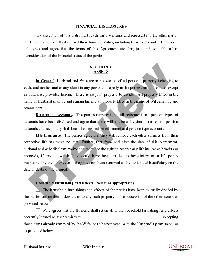 Preview Marital Domestic Separation and Property Settlement Agreement for persons with No Children, No Joint Property or Debts where Divorce Action Filed