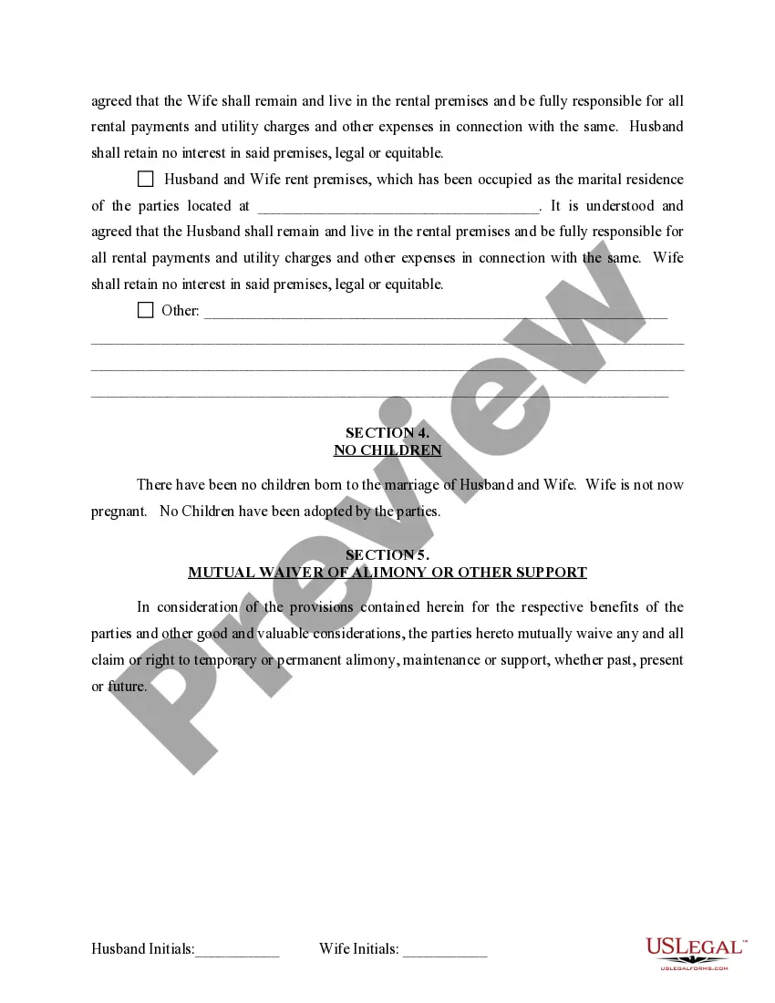 Preview Marital Domestic Separation and Property Settlement Agreement for persons with No Children, No Joint Property or Debts where Divorce Action Filed