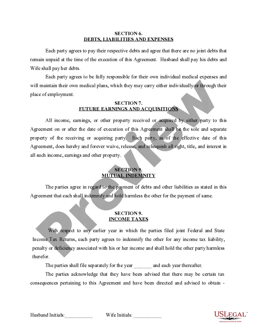Preview Marital Domestic Separation and Property Settlement Agreement for persons with No Children, No Joint Property or Debts where Divorce Action Filed