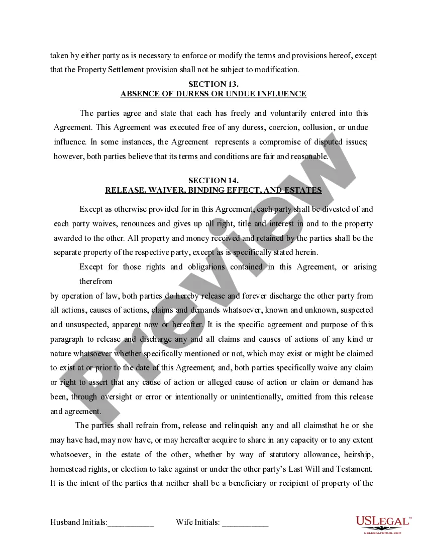 Preview Marital Domestic Separation and Property Settlement Agreement for persons with No Children, No Joint Property or Debts where Divorce Action Filed