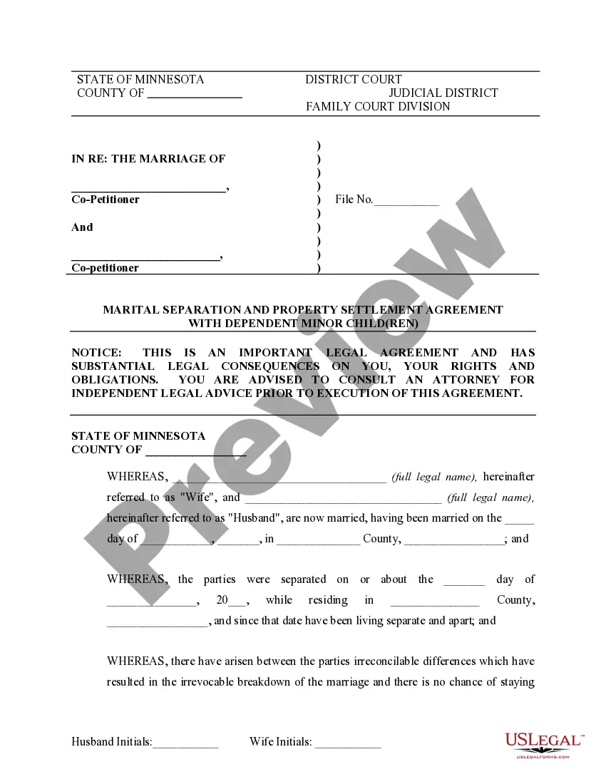 Preview Marital Domestic Separation and Property Settlement Agreement Minor Children no Joint Property or Debts where Divorce Action Filed