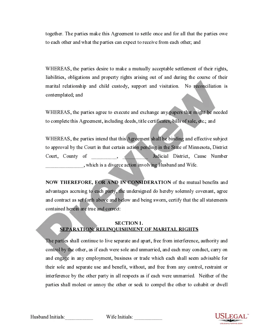 Preview Marital Domestic Separation and Property Settlement Agreement Minor Children no Joint Property or Debts where Divorce Action Filed