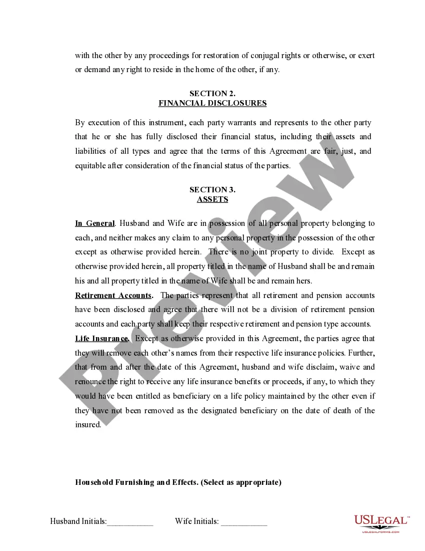 Preview Marital Domestic Separation and Property Settlement Agreement Minor Children no Joint Property or Debts where Divorce Action Filed