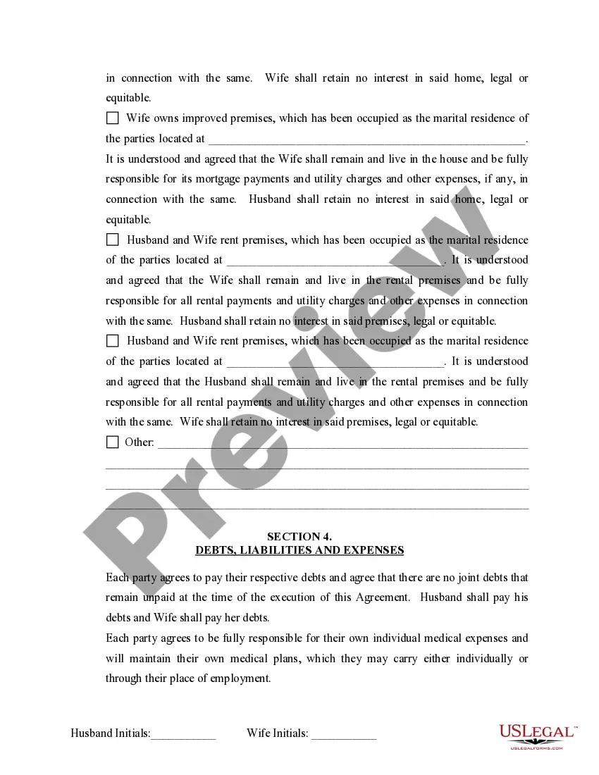 Preview Marital Domestic Separation and Property Settlement Agreement Minor Children no Joint Property or Debts where Divorce Action Filed