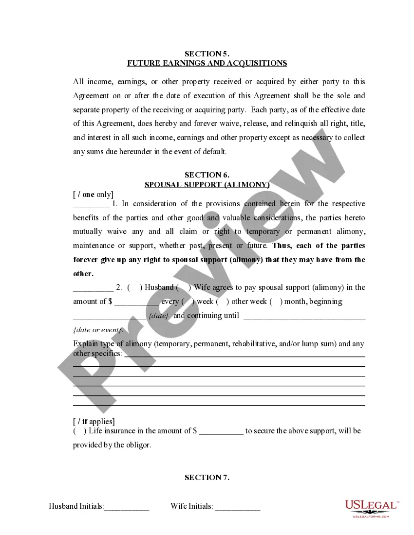 Preview Marital Domestic Separation and Property Settlement Agreement Minor Children no Joint Property or Debts where Divorce Action Filed