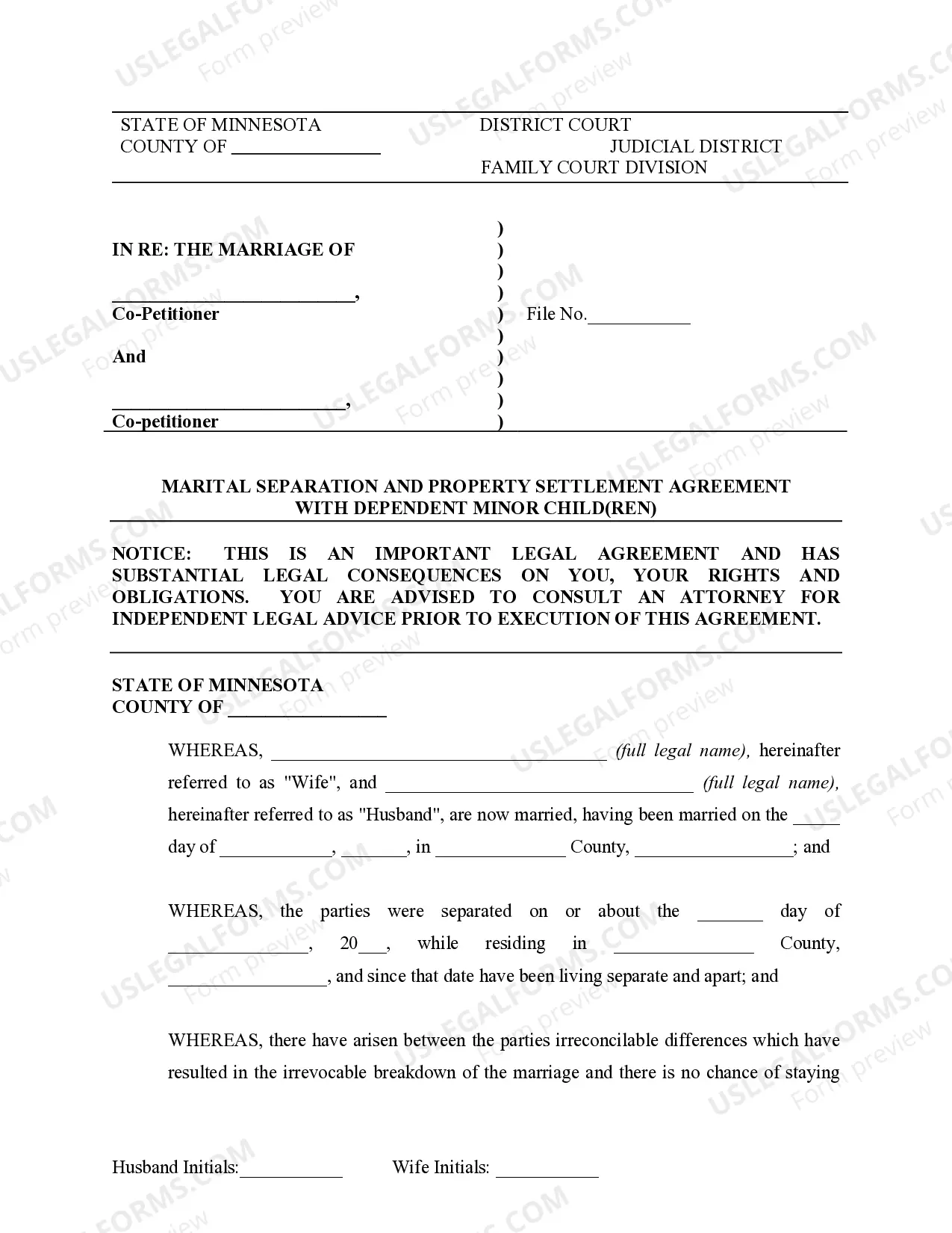 Preview Marital Domestic Separation and Property Settlement Agreement Minor Children Parties May have Joint Property or Debts where Divorce Action Filed