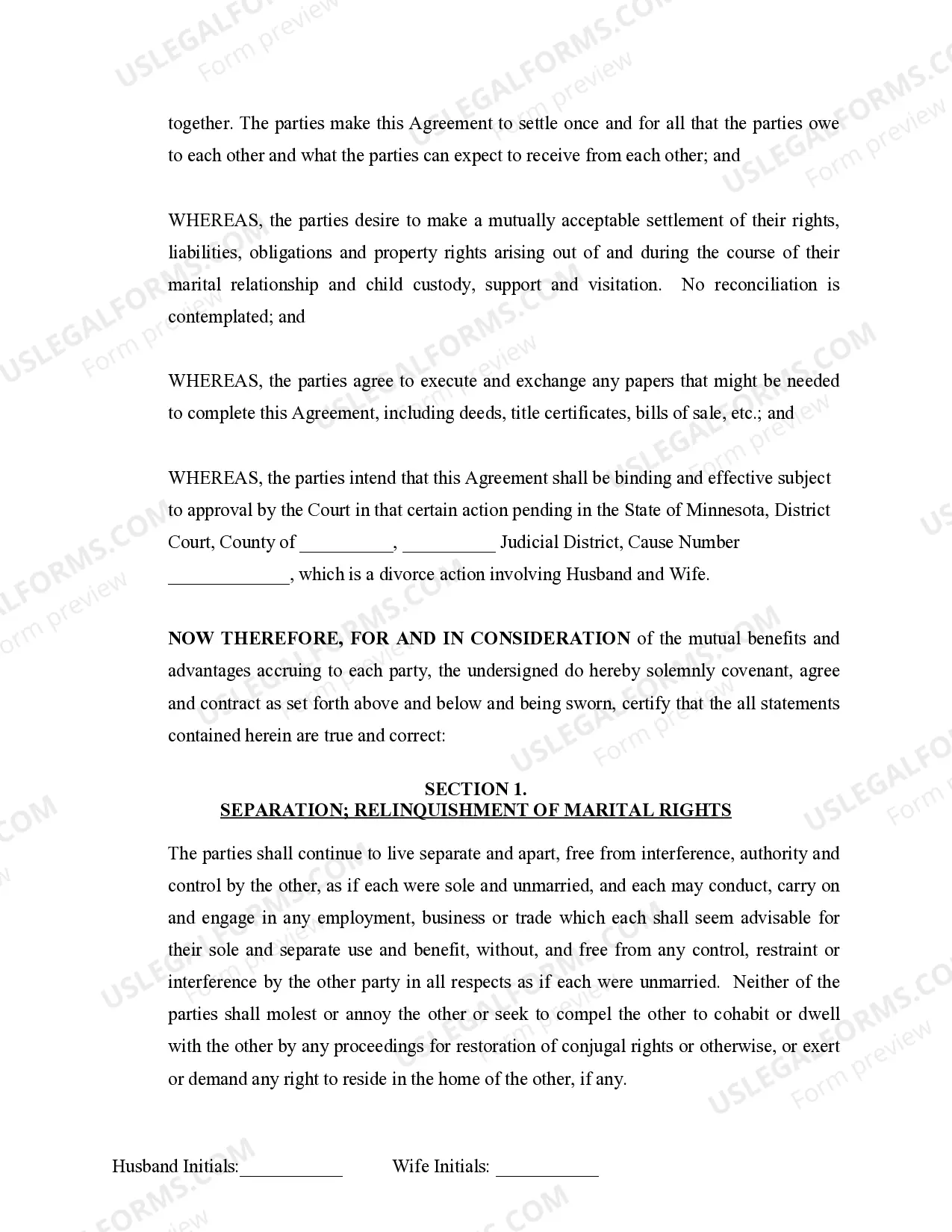 Preview Marital Domestic Separation and Property Settlement Agreement Minor Children Parties May have Joint Property or Debts where Divorce Action Filed