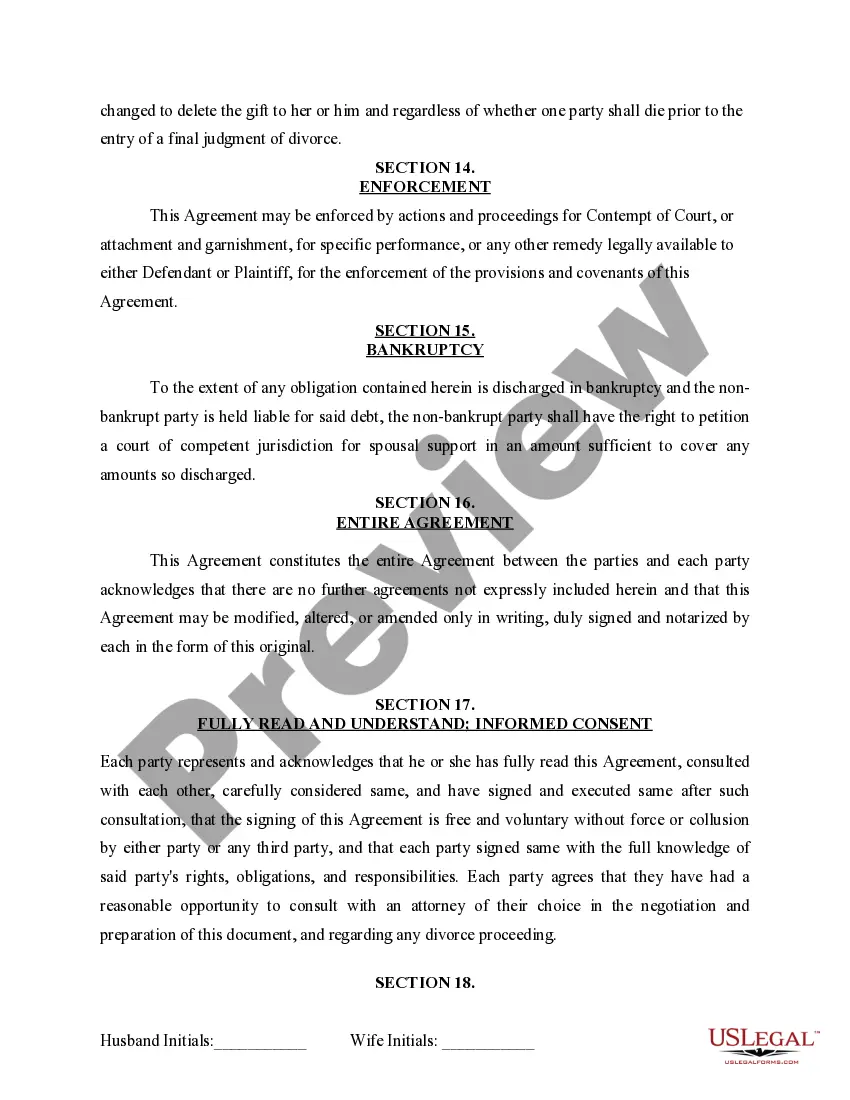 Preview Marital Domestic Separation and Property Settlement Agreement for persons with no Children, no Joint Property, or Debts Effective Immediately