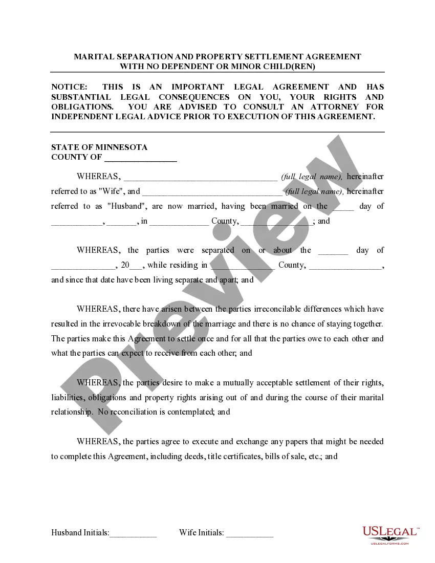 Preview Marital Domestic Separation and Property Settlement Agreement for persons with no Children, no Joint Property, or Debts Effective Immediately