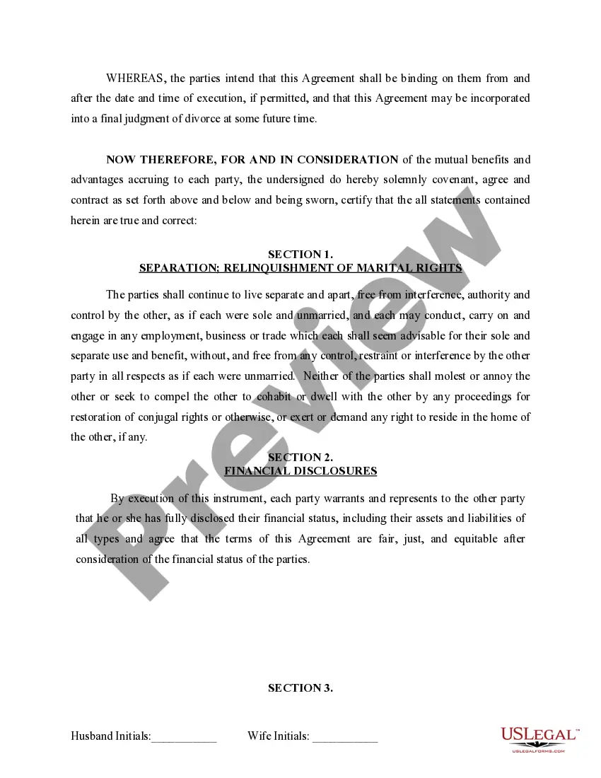 Preview Marital Domestic Separation and Property Settlement Agreement for persons with no Children, no Joint Property, or Debts Effective Immediately