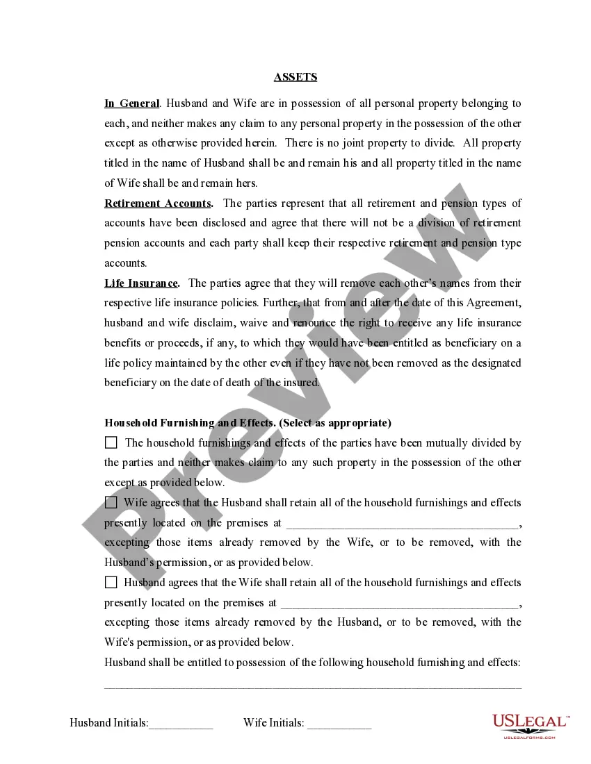 Preview Marital Domestic Separation and Property Settlement Agreement for persons with no Children, no Joint Property, or Debts Effective Immediately