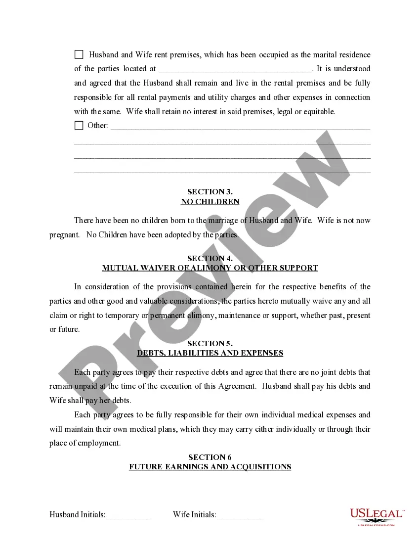 Preview Marital Domestic Separation and Property Settlement Agreement for persons with no Children, no Joint Property, or Debts Effective Immediately