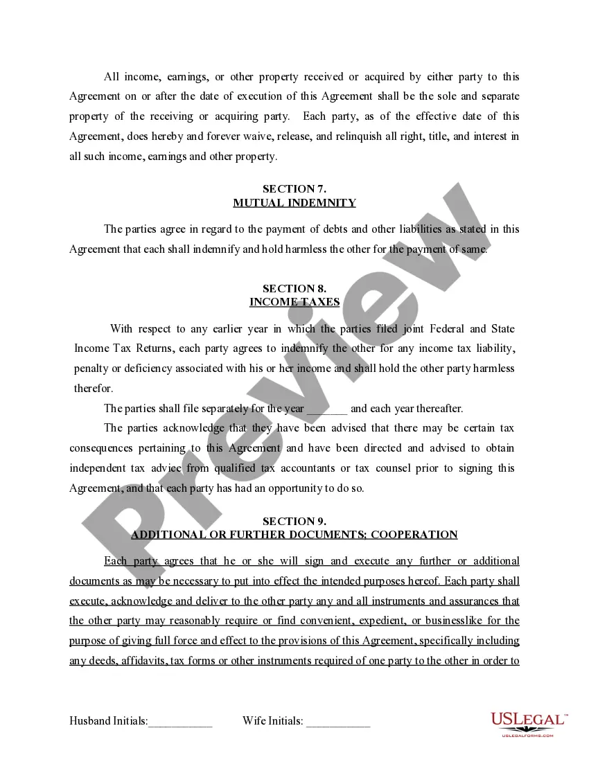 Preview Marital Domestic Separation and Property Settlement Agreement for persons with no Children, no Joint Property, or Debts Effective Immediately