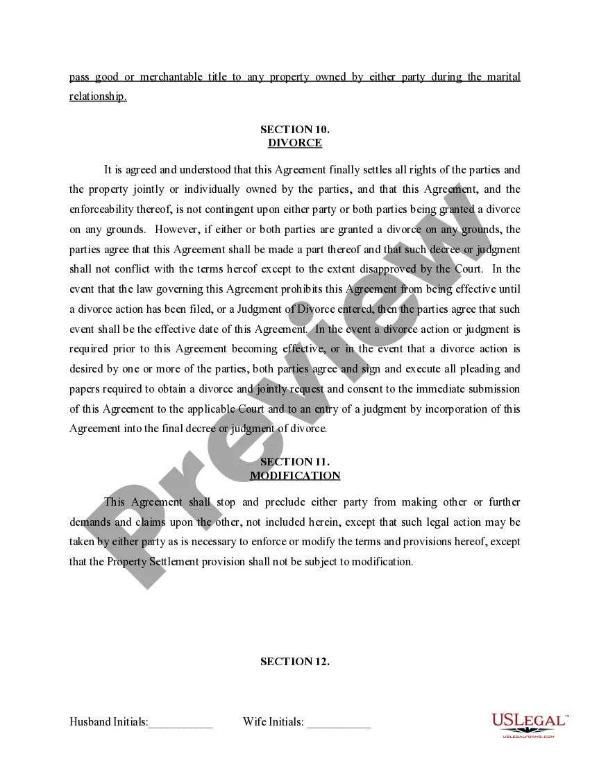Preview Marital Domestic Separation and Property Settlement Agreement for persons with no Children, no Joint Property, or Debts Effective Immediately