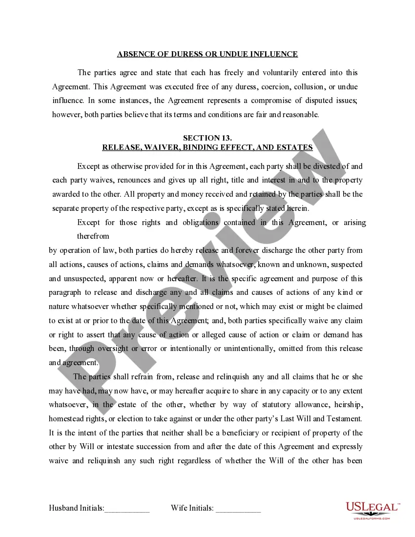 Preview Marital Domestic Separation and Property Settlement Agreement for persons with no Children, no Joint Property, or Debts Effective Immediately