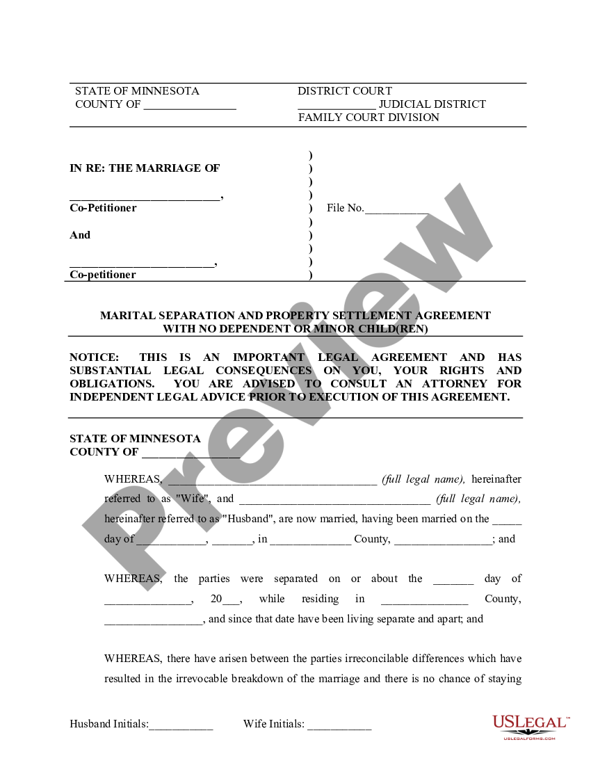 Minnesota Marital Domestic Separation and Property Settlement Agreement ...