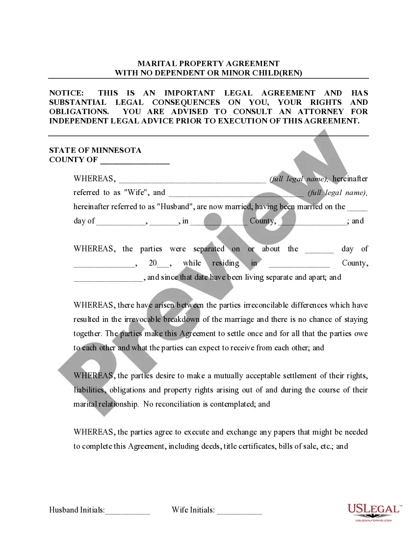 Preview Marital Domestic Separation and Property Settlement Agreement no Children parties may have Joint Property or Debts Effective Immediately