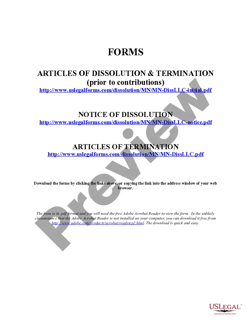 Get Minnesota Dissolution Package to Dissolve Limited Liability Company LLC Preview Minnesota Dissolution Package to Dissolve Limited Liability Company LLC